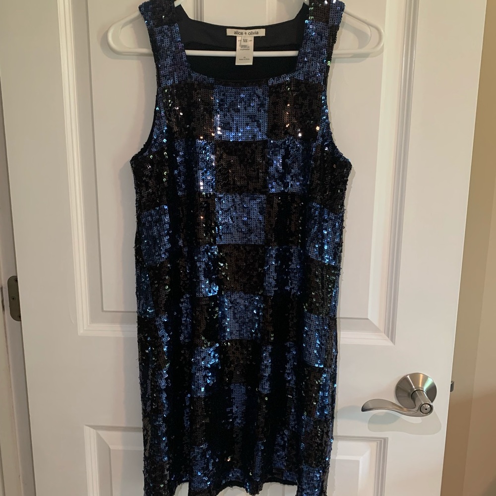 Alice and Olivia blue/black sequined sheath